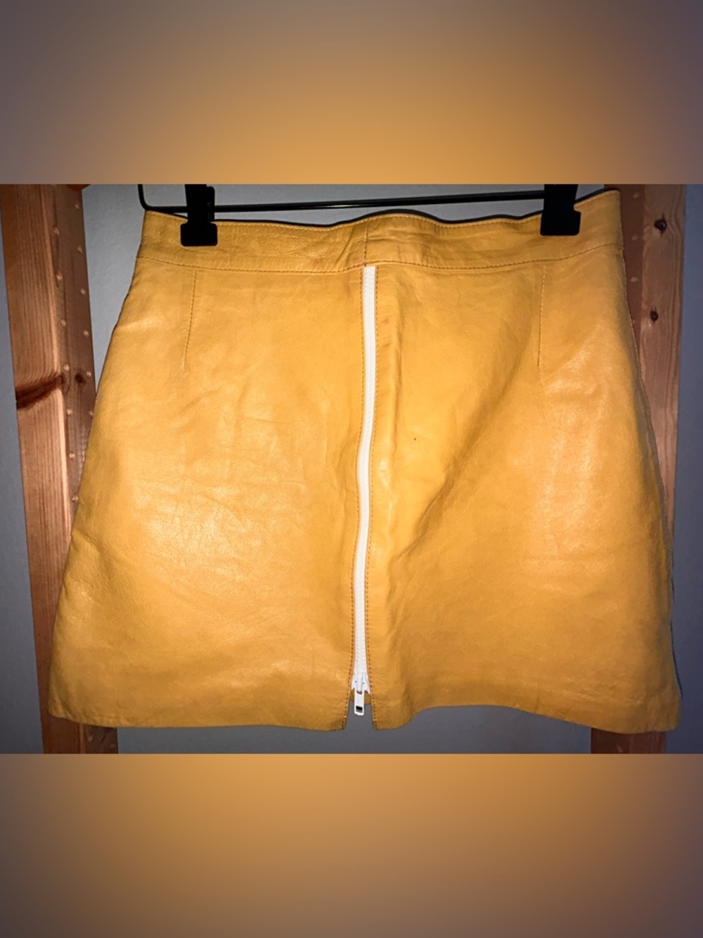 Mustard Yellow Leather Mini Skirt with White Front Zipper Detail Sz 38